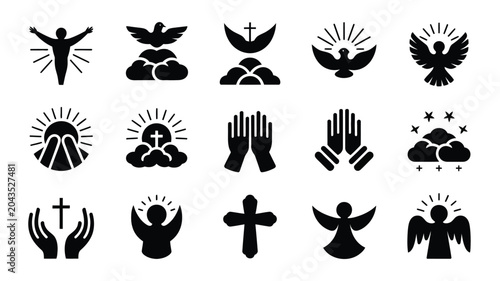 Tableau sur toile Religious prayer and worship icons featuring praying hands crosses and angelic silhouettes