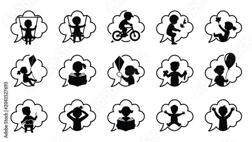 Cuadro en lienzo Vector illustrations of children silhouettes within speech bubbles engaged in activities
