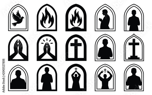 Foto Christian window icons with dove flame cross and praying figures in arched frame silhouettes