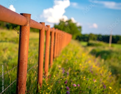 Rustic Metal Fence Stretching Through Sunny Wildflower Meadow in Rural Countryside