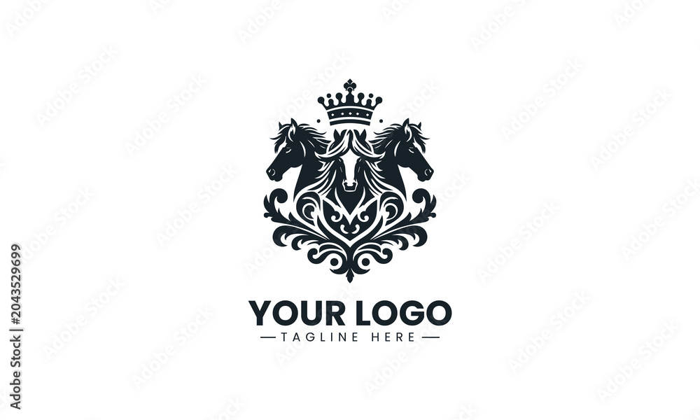 Obraz premium Three majestic horses within a royal ornamental crest in minimalist black vector logo design