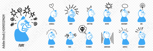 Foto Line comic character set with expressive faces and doodle motion effects showing