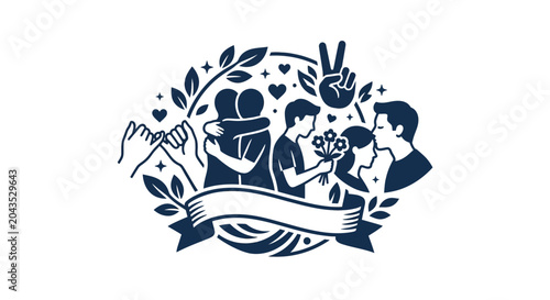 Obraz na płótnie Illustration of diverse human connections featuring hugs flowers and friendship symbols