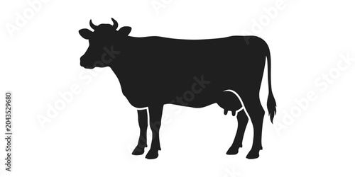 Black Silhouette of a Dairy Cow Isolated on White Background, Farm Animal Icon