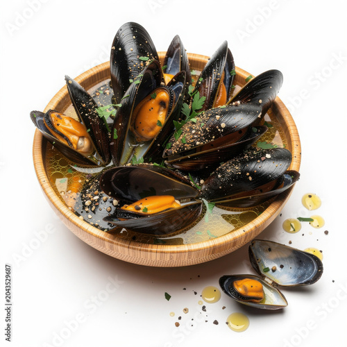 Impepata di Cozze in Bamboo Bowl Isolated on White Background Square Composition Studio Shot