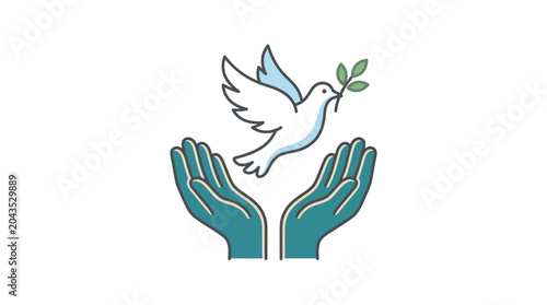 A stylized illustration of a white dove flying above two cupped hands.