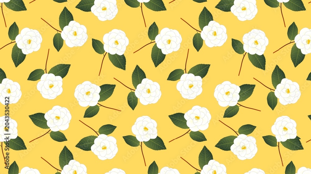 Fototapeta premium White Camellia Seamless Floral Pattern on Yellow Background