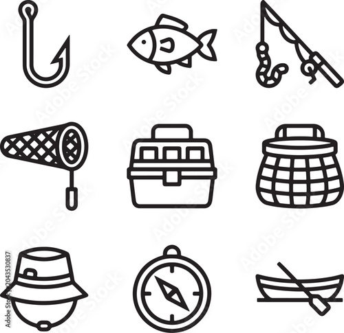 Bild auf Leinwand Fishing tackle and outdoor equipment outline vector icon set