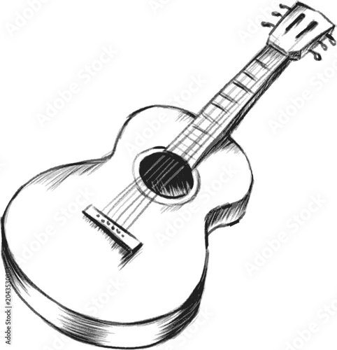 Acoustic Guitar Hand Drawn Vector Illustration, Realistic String Instrument Sketch, Musical Equipment Line Art, Black and White Clipart Isolated on White Background for Music and Entertainment Project