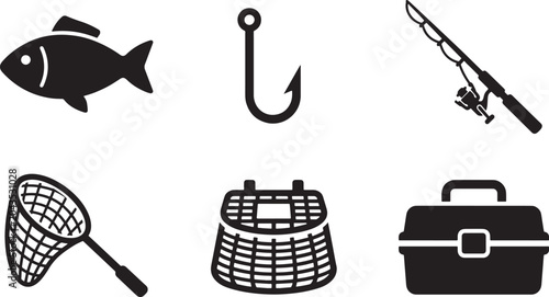Fotografie Fishing tackle and gear equipment black silhouette vector icon set