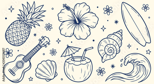 Hand drawn tropical summer beach doodle collection featuring pineapple hibiscus flower surfboard coconut ukulele seashell ocean wave vacation travel island holiday elements for tourism design
