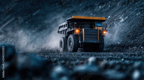 Powerful heavy duty mining dump truck traversing a dusty  rocky  dark industrial quarry