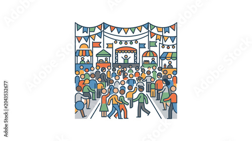 Cuadro en lienzo A vibrant illustration of a bustling outdoor street festival with people and market stalls
