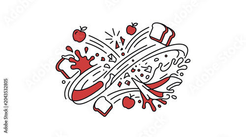 Obraz na płótnie Abstract illustration of food items colliding with dynamic motion lines and splashes