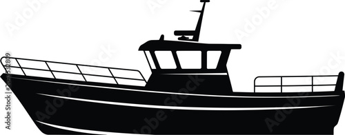 Photos Black silhouette of fishing boat with cabin, railings and mast on water