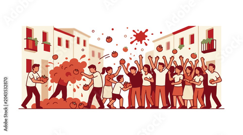 Bild auf Leinwand A group of people joyfully participating in a vibrant tomato throwing festival