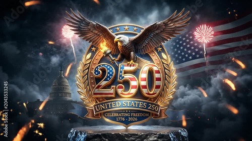 Celebration of 250 Years of Freedom with Fireworks and Patriotic Symbols in the Night Sky