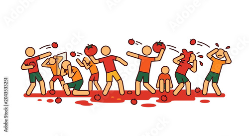 Schilderij op canvas A group of stick figures participating in a chaotic and fun tomato throwing festival