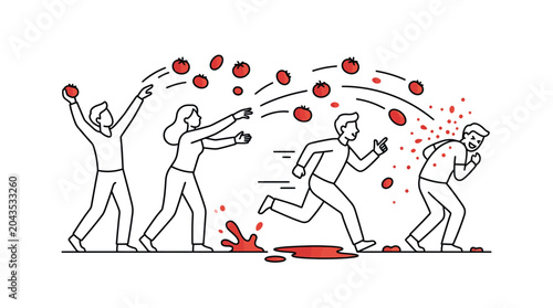 Schilderij op canvas Group of people throwing tomatoes at a running man in a line art illustration