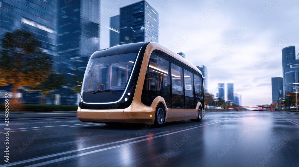 Obraz premium Futuristic self driving public transport vehicle gliding through a modern city on a wet road