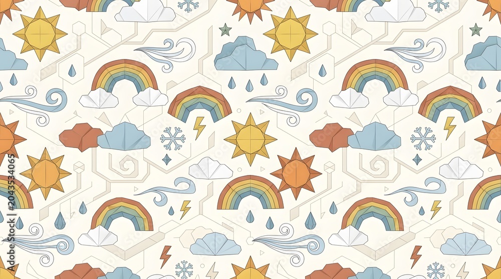 Naklejka premium origami weather system seamless pattern rainbow cloud
