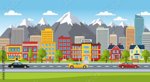 Fotografie Vector illustration of a bustling cityscape with mountains in the background, sh