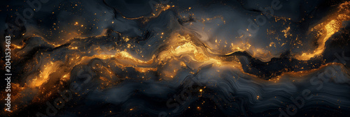 Abstract composition featuring flowing golden and black patterns resembling cosmic or fluid art.