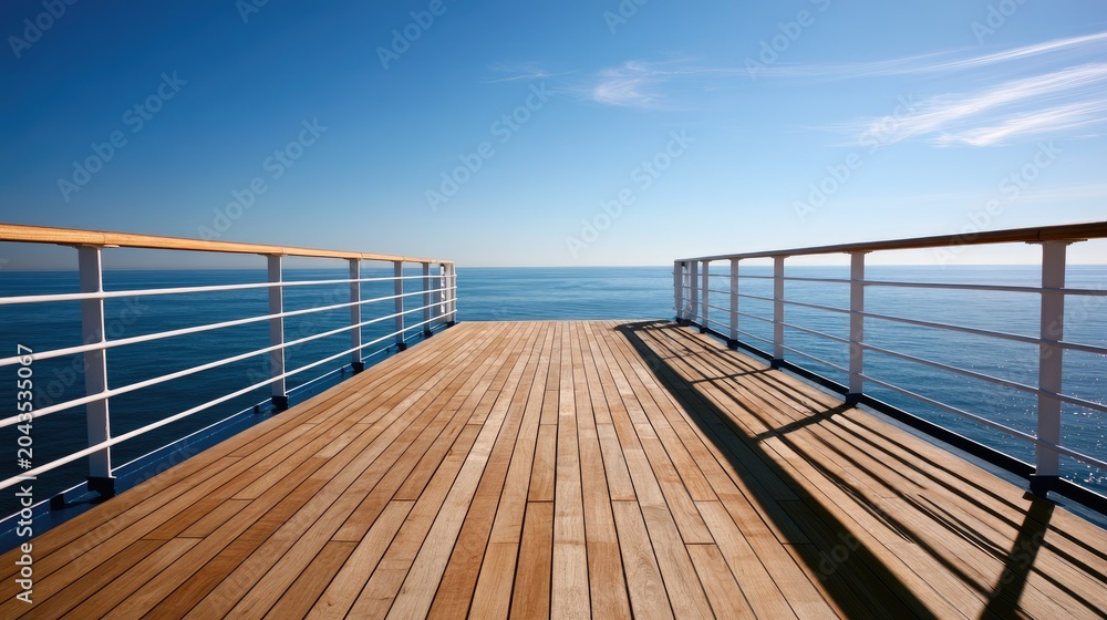 Naklejka premium Expansive wooden deck overlooks calm ocean and clear blue sky