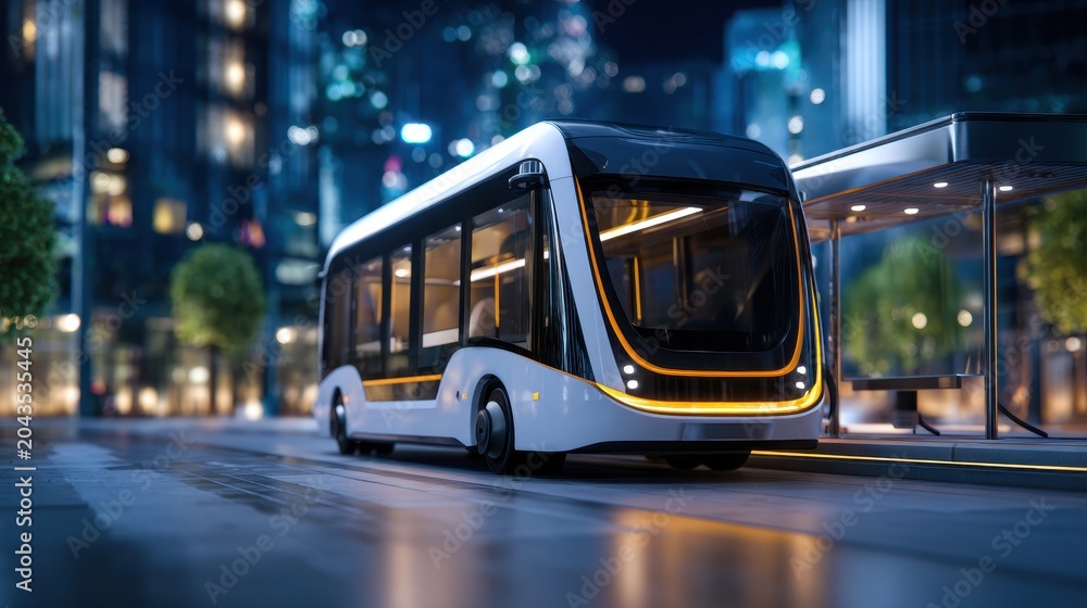 Fototapeta premium Advanced electric city bus with vibrant lighting awaiting passengers at a futuristic urban stop.