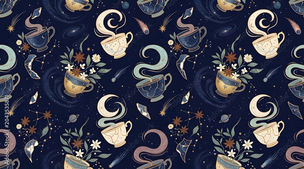 Naklejka premium celestial tea cups pattern on dark blue background