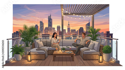 Couple Enjoying Drinks on a Rooftop Terrace.