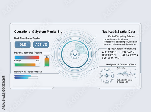 Futuristic Heads Up Display HUD user interface comprehensive dashboard elements including real time operational and system monitoring