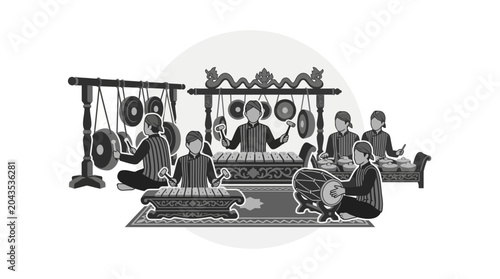 Quadro su tela A group of musicians playing traditional Indonesian Gamelan instruments in a monochrome illustration