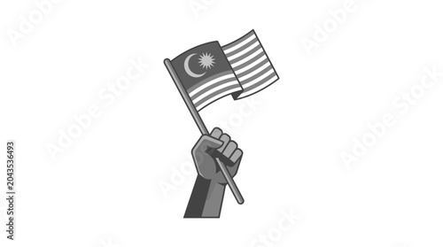 Foto A grayscale illustration of a clenched fist holding a Malaysian flag aloft