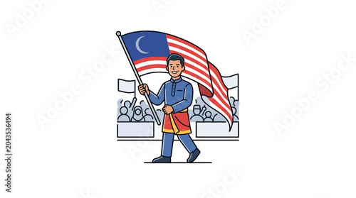 Slika na platnu A young Malaysian man proudly carrying the national flag during a celebration
