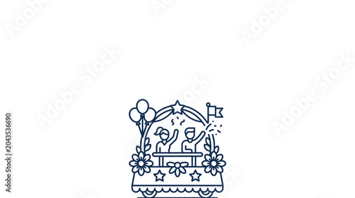 Fényképezés A line art illustration of a festive parade float featuring two people waving