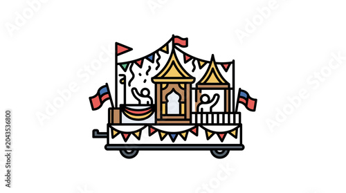 Fényképezés A colorful festive parade float decorated with flags and bunting featuring two people waving