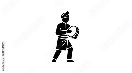 Photos A black silhouette illustration of a man wearing a traditional headpiece playing a tambourine