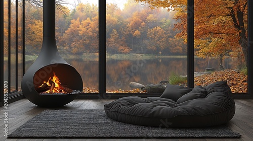 Modern Cozy Fireplace Interior with Autumn Lake.