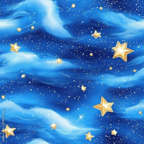 Whimsical golden stars twinkle in a dreamy blue night sky with soft clouds