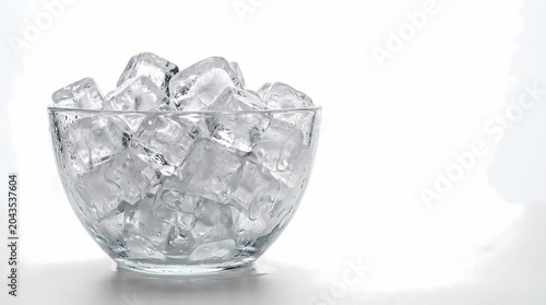 Clear glass bowl filled with ice cubes on a white surface