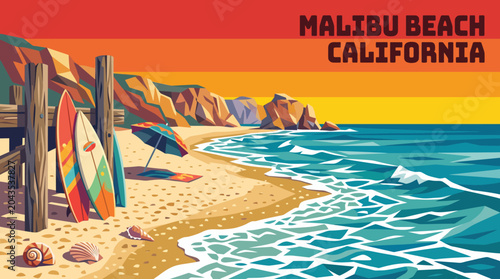 Schilderij op canvas malibu beach coastal landscape cartoon vector with dramatic shoreline blue ocean