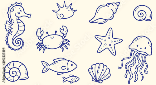 Konstfotografi Hand drawn sea creature doodle collection with seahorse crab fish jellyfish shel
