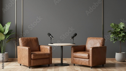Two brown leather armchairs face each other across a small table with microphones, set against a modern gray wall with potted plants.Podcast recording studio setup