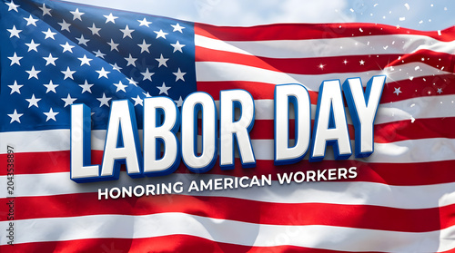 Labor day celebration with american flag background and bold typography