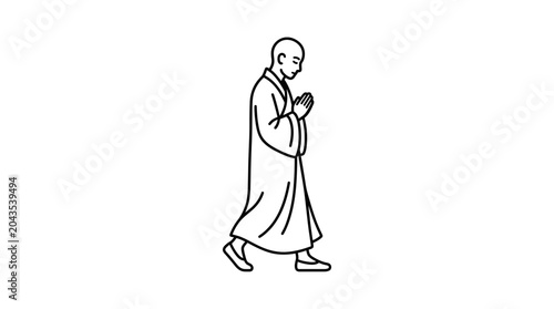Bild auf Leinwand Line art illustration of a Buddhist monk walking while praying with hands together