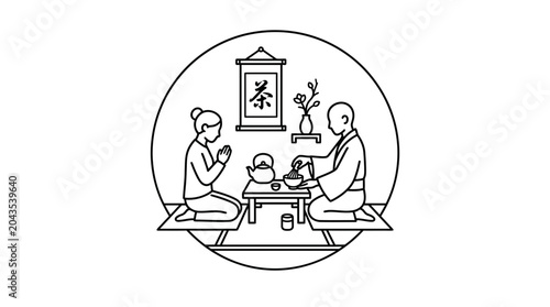 Fotografía Line art illustration of a woman and a monk participating in a traditional tea ceremony