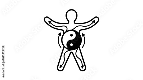Foto A minimalist line art illustration of a human figure with a central yin yang symbol and directional flow arrows