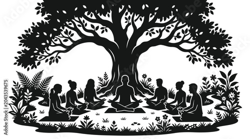Canvas Print A group of people sitting in a meditative pose under a large tree