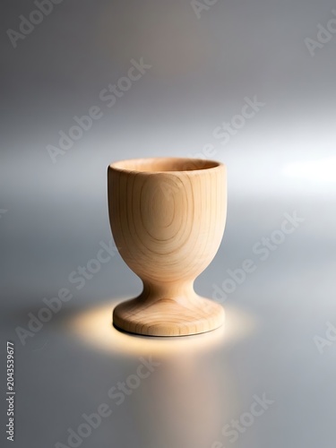 Handcrafted wooden egg cup on minimalist grey background with soft light